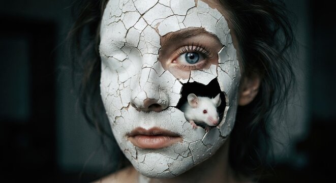 Woman with cracked white clay face and white mouse
