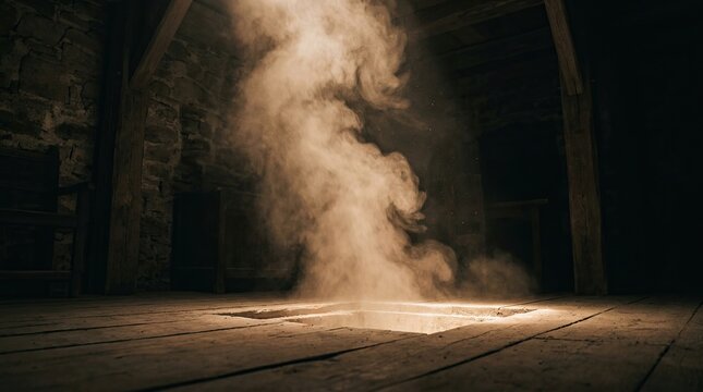 Mysterious dust swirl rising from a hole in a dimly lit room with captures swirling cloud