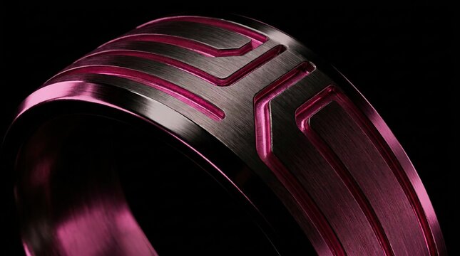 Close up of a metallic ring with intricate pink patterns against a dark background