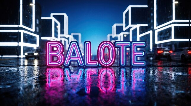 Vibrant neon sign 'balote' glowing in rainy urban night scene with reading balote wet
