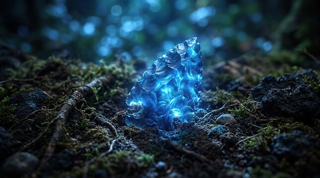 Glowing blue obsidian arrowhead surrounded by lush forest floor elements