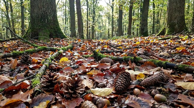 Vibrant forest floor with pine cones and fallen leaves in autumn light
