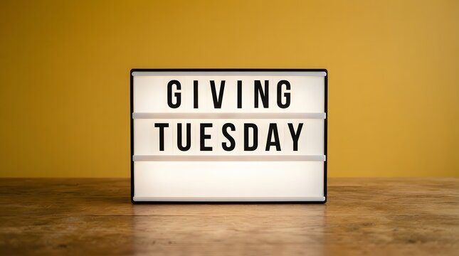 Giving tuesday message in a light box on a wooden surface with a yellow background
