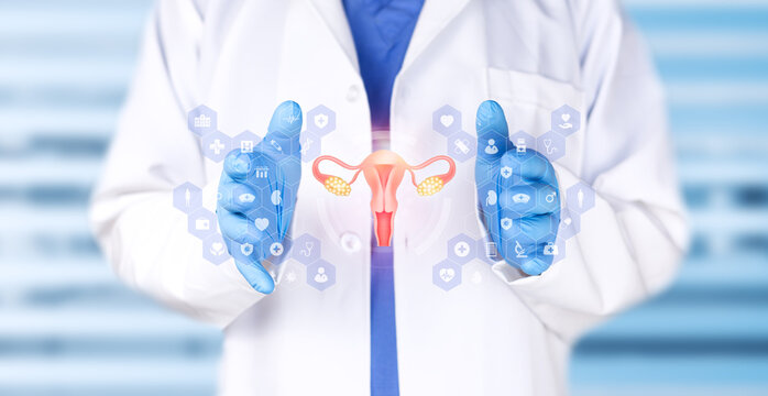 Doctor examining the structure of the cervix. Background with medical technology, gynecological oncology, Pap smear and cancer screening with a soft bokeh effect.
