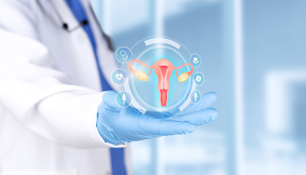 Oncology specialist examining the cervix for the diagnosis of preneoplastic lesions and cervical cancer. HPV prevention concept. Bokeh background. Isolated.