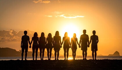 Fototapeta premium Group of People Sunset Beach Silhouette 仲間 手をつなぐ 夕日 海 青春