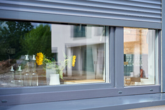 Dark gray roller shutter shades the upper part of a kitchen window, with sunflowers and bottles