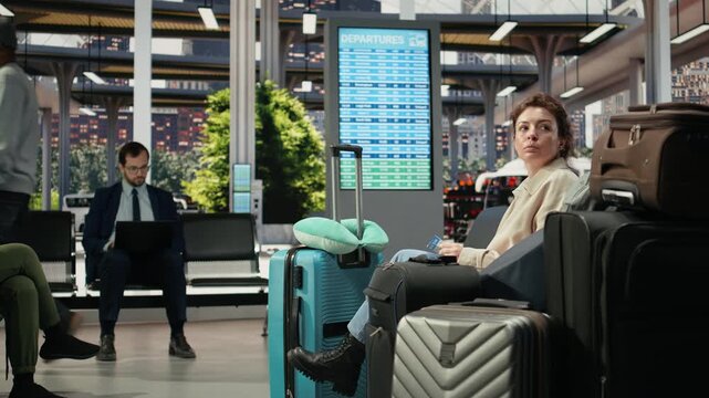 Female passenger holds a ticket beside stacked bags in a bus terminal, thinking about her next decision and looking unsure before a long trip away from home.
