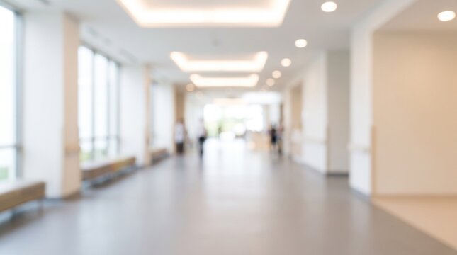 Blurred abstract background of hospital interior hallway corridor with people walking
