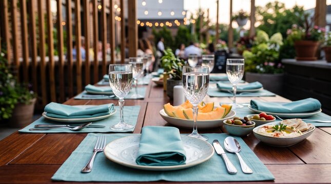 Elegant Outdoor Dining Table Setup with Mediterranean Appetizers on Wooden Table