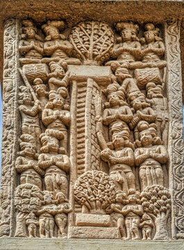 Sacred Tree Worship and Devotional Gathering Relief on the Great Stupa Gateway at Sanchi, India