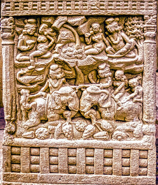 Ancient Rural Life and Animal Procession Relief Carved on the Great Stupa Gateway at Sanchi, India