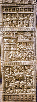 Buddhist narrative relief depicting a royal procession entering a fortified city, with horse-drawn chariots, palace balconies, spectators, and attendants, from the Great Stupa Torana at Sanchi, Sanchi