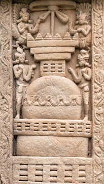 Carved Relief Panel Depicting the Great Stupa in Aniconic Buddhist Art, likely from a temple doorway or sculptural panel at the Sanchi Complex, Sanchi Archaeological Site, India