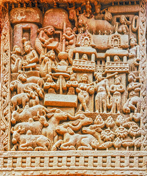 Ancient Village Life and Pastoral Scene Carved on the Sanchi Stupa Gateway Relief Panel, India