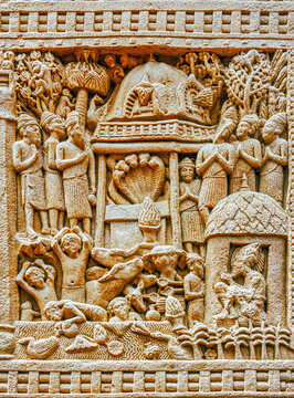 Ancient Buddhist Relief Depicting Stupa Worship and Ritual Scene at Sanchi Stupa Gateway, India