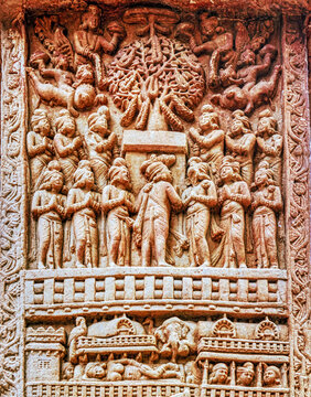 Sacred Tree Worship and Devotee Gathering on Sanchi Stupa Relief Panel, Madhya Pradesh, India