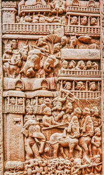 Buddhist narrative relief depicting a royal procession with elephants, horse-drawn chariot, attendants, and multi-storied palace architecture, from the Great Stupa Torana at Sanchi, Sanchi, India