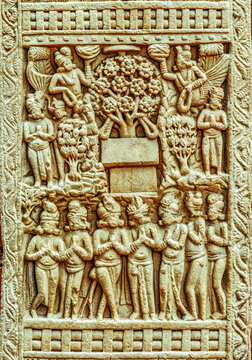 Aniconic Buddhist relief depicting the veneration of the sacred Bodhi Tree by devotees, celestial beings, guardian figures, symbolizing the Enlightenment of the Buddha, from the Great Stupa, Sanchi