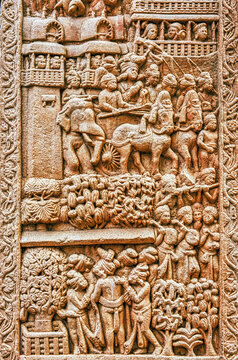 Buddhist narrative relief depicting a royal procession entering a fortified city, with horse-drawn chariots, palace balconies, spectators, and attendants, from the Great Stupa Torana at Sanchi, Sanchi