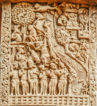 Buddhist narrative relief depicting a sacred river landscape with devotees, hermitages, wildlife, and pilgrimage scenes, from the Great Stupa Torana at Sanchi, Sanchi Stupa Complex, Sanchi, India
