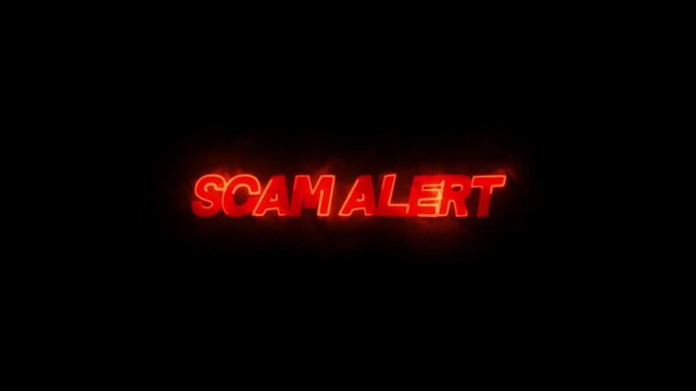 Scam alert text glowing in red neon lettering over a dark black background represents online security warnings and digital fraud awareness.