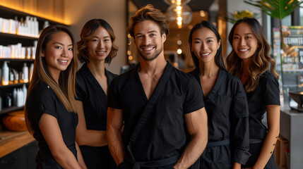 Fototapeta premium A group of cheerful and confident beauty professionals standing together in a modern salon, wearing matching black uniforms. The warm lighting and sleek interior highlight their un