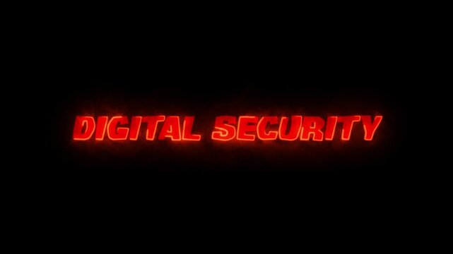 Digital security text shines with an intense red neon glow centered on a minimalist black backdrop.