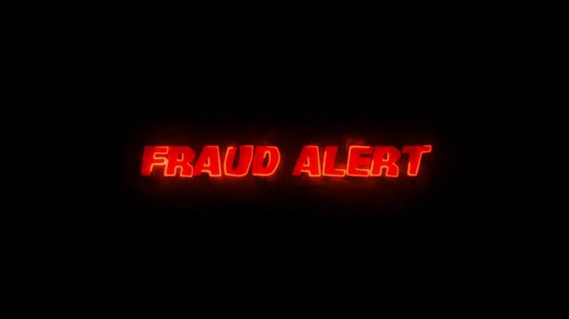 Fraud alert text written in red glowing neon typography centers on a solid dark black background.