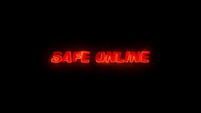 Safe online text illuminated in a red glowing neon font contrasts against a pitch black background.
