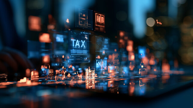 A modern representation of online tax processes, with a holographic interface presenting various tax icons and tools, such as tax brackets and e-filing, illustrating the evolution