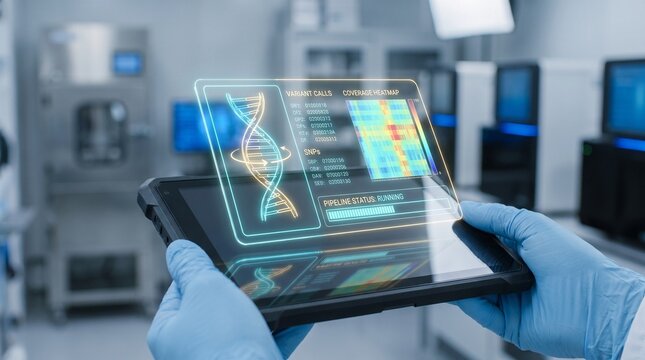 Futuristic DNA analysis on digital tablet, scientist hands in gloves with holographic genetic interface, modern laboratory research