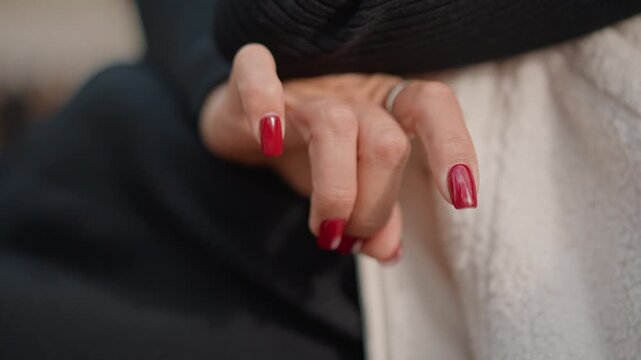 Close-up of woman's hand with glossy red nails and thin gold rings gently pulling dark textured fabric while knitted cream sweater sleeve rests nearby, fingers slightly curled to show soft adjusting