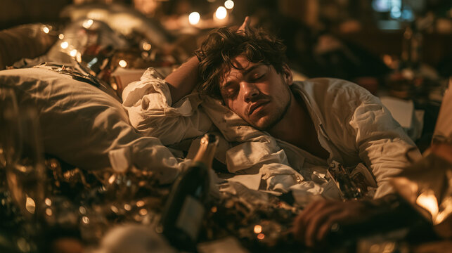 Comedy hangover concept: young man asleep on floor next to bed after New Year 2027 celebration, festive mess with decorations, champagne and gifts. New Year 2027 hangover humor, ma