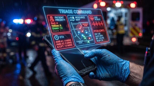 Triage Command digital interface on tablet, emergency medical response HUD, paramedic using futuristic healthcare technology at night