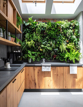 Modern ecofriendly kitchen interior featuring a lush living wall with fresh plants, wooden cabinets, skylights, and dark countertops. Nobody is present in this peaceful home space.