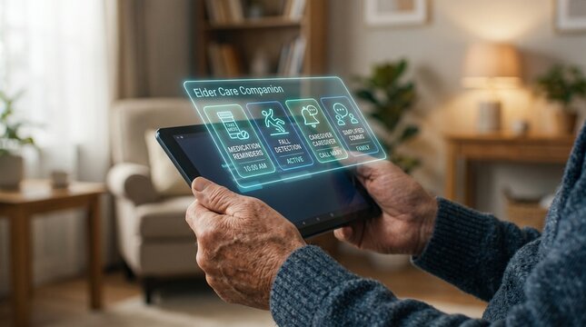 Elder Care Companion holographic interface on tablet, senior hands holding smart healthcare device, futuristic medical monitoring technology