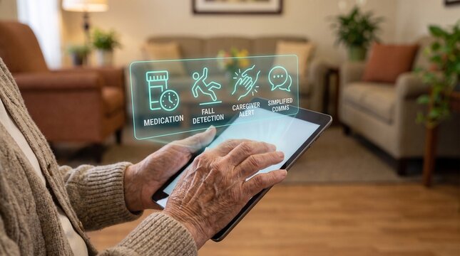 Elderly hands using tablet with digital healthcare interface, senior home care technology, medication and fall detection icons