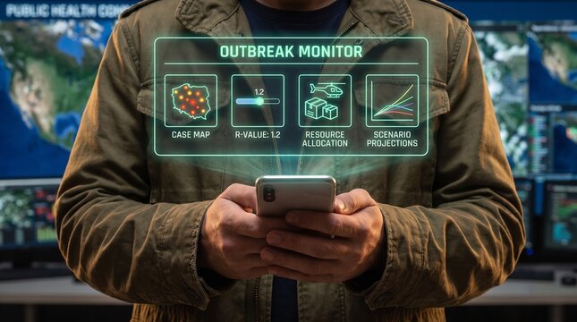 Futuristic outbreak monitor hologram on smartphone, digital virus tracking interface, medical data visualization on mobile device