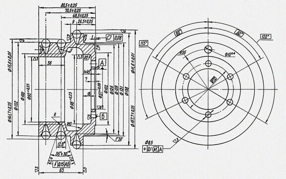 Scheme of machine part.
Engineering automotive mechanical drawing of steel 
device. Industrial design on paper sheet. 
Technology hand drawn schematic diagram 
of machined building industry. 