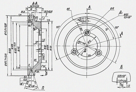 Scheme of machine part.
Engineering automotive mechanical drawing of steel 
device. Industrial design on paper sheet. 
Technology hand drawn schematic diagram 
of machined building industry. 