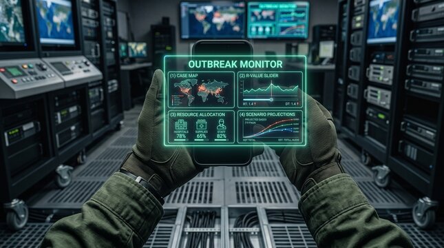 Futuristic outbreak monitor interface on smartphone, military command center with global virus tracking data, digital pandemic surveillance