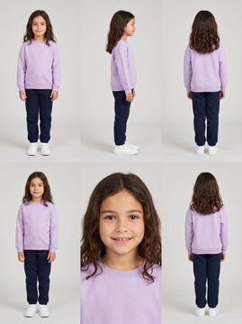 Cute diverse girl character turnaround sheet for animation design and game development reference