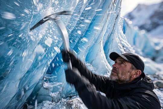 Caucasian male mountaineer striking a massive blue glacier with an ice axe causing shattered ice chunks to fly off dynamically during an extreme alpine winter expedition