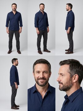 Professional businessman in navy suit posing confidently for corporate portrait and style reference