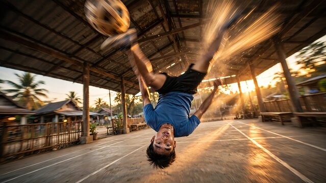 Dynamic action shot of a Southeast Asian athlete performing a dramatic bicycle kick playing Sepak Takraw in an open air court at sunset with intense motion blur