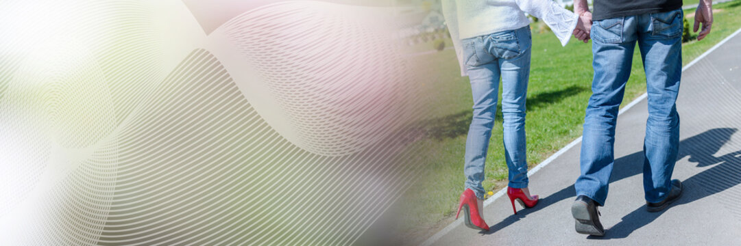 Couple holding hands; panoramic banner