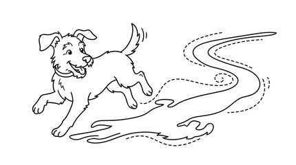 Obraz premium Playful dog running and chasing its shadow on sunny pavement in black and white line art