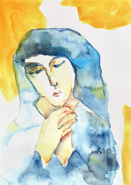 Virgin Mary in Prayer with Blue Mantle and Golden Background, Expressive Hand-Painted Watercolor