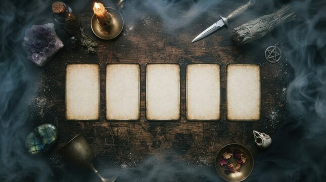 Mysterious Tarot Card Setup with Candles and Crystals